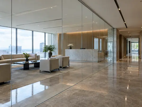 Frameless butt-jointed glass wall between an office lobby and a corridor