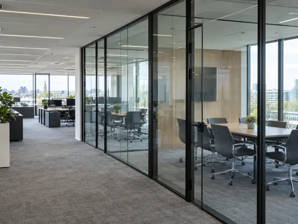 Black-framed glass partitions forming meeting rooms in an open-plan office