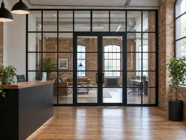 Black steel-framed gridded glazed screen with double doors in a brick office reception