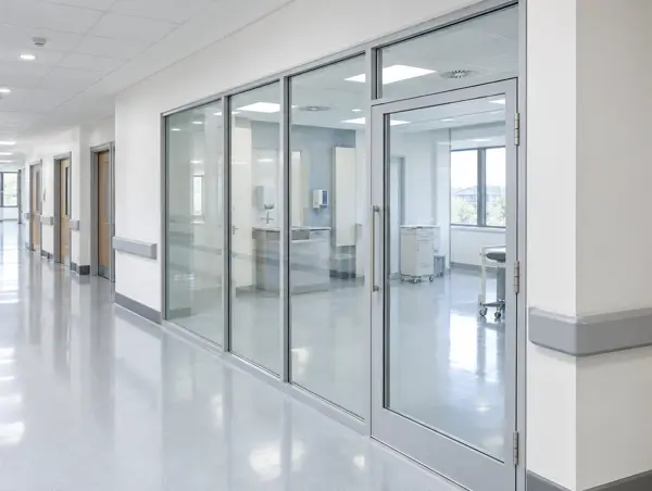 Aluminium-framed glazed screen and door along a bright hospital corridor