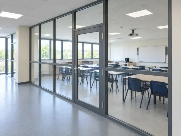 Full-height glazed screen with a glazed door between a school corridor and a classroom