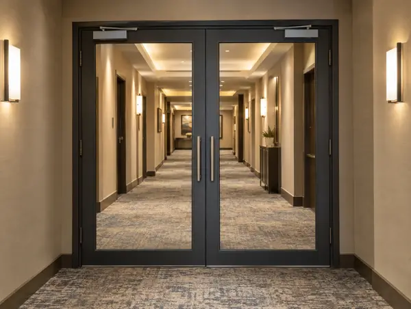 Pair of glazed double doors in dark steel frames across a hotel corridor