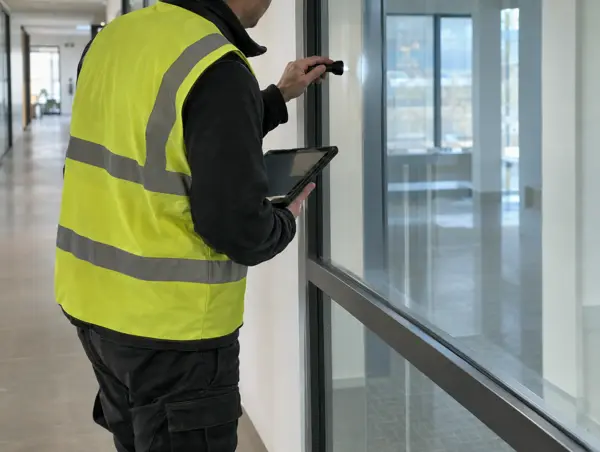 Surveyor with a tablet and torch inspecting the frame edge of a glazed screen